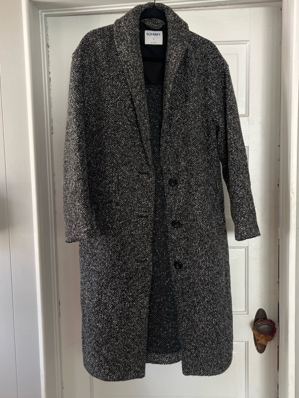 Old Navy Black & White Textured Shawl-Collar Trench Coat